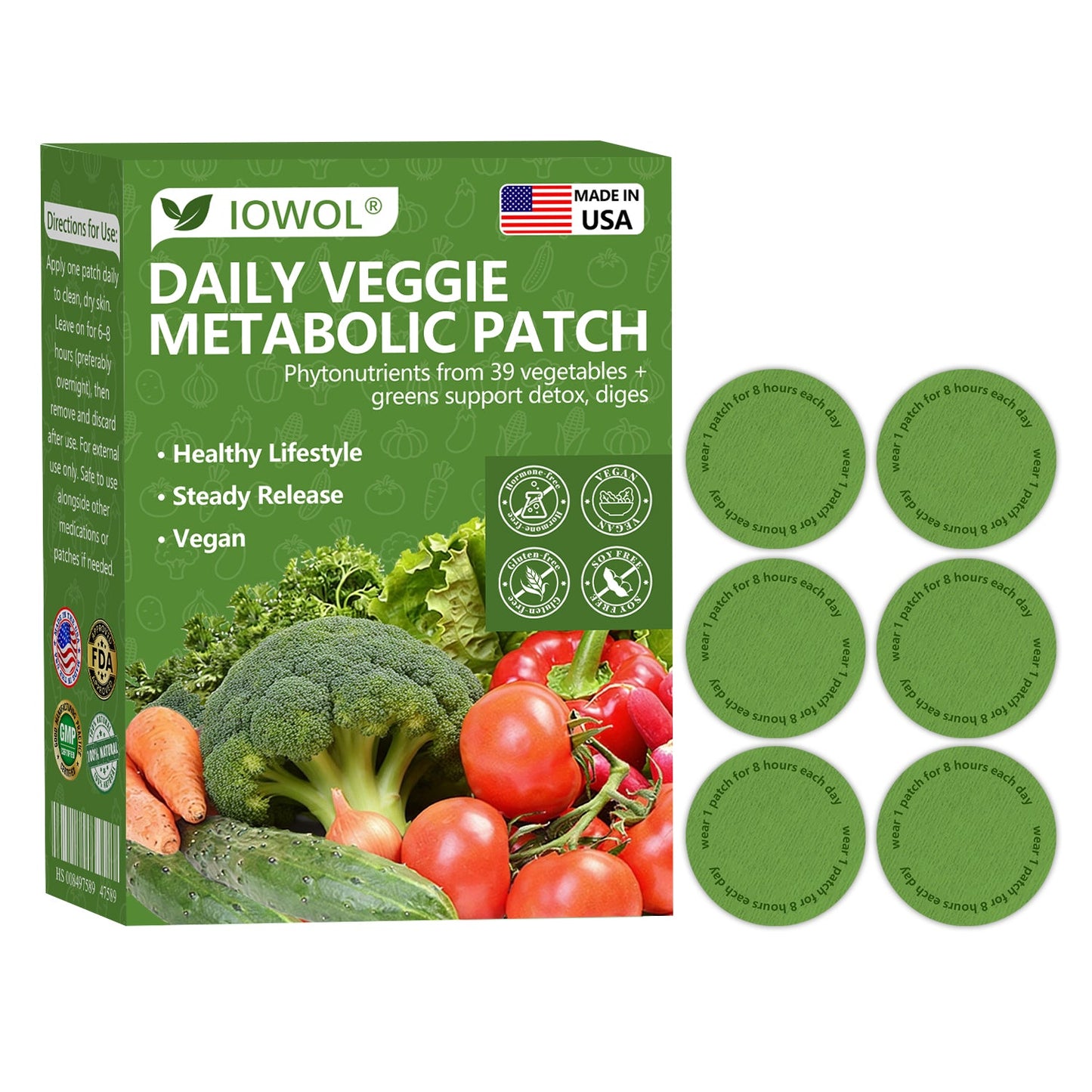 🥦 Tienda Oficial | El parche metabólico diario de vegetales IOWOL® utiliza extractos orgánicos de 39 verduras y vegetales verdes para apoyar la desintoxicación, la digestión y la energía diaria.