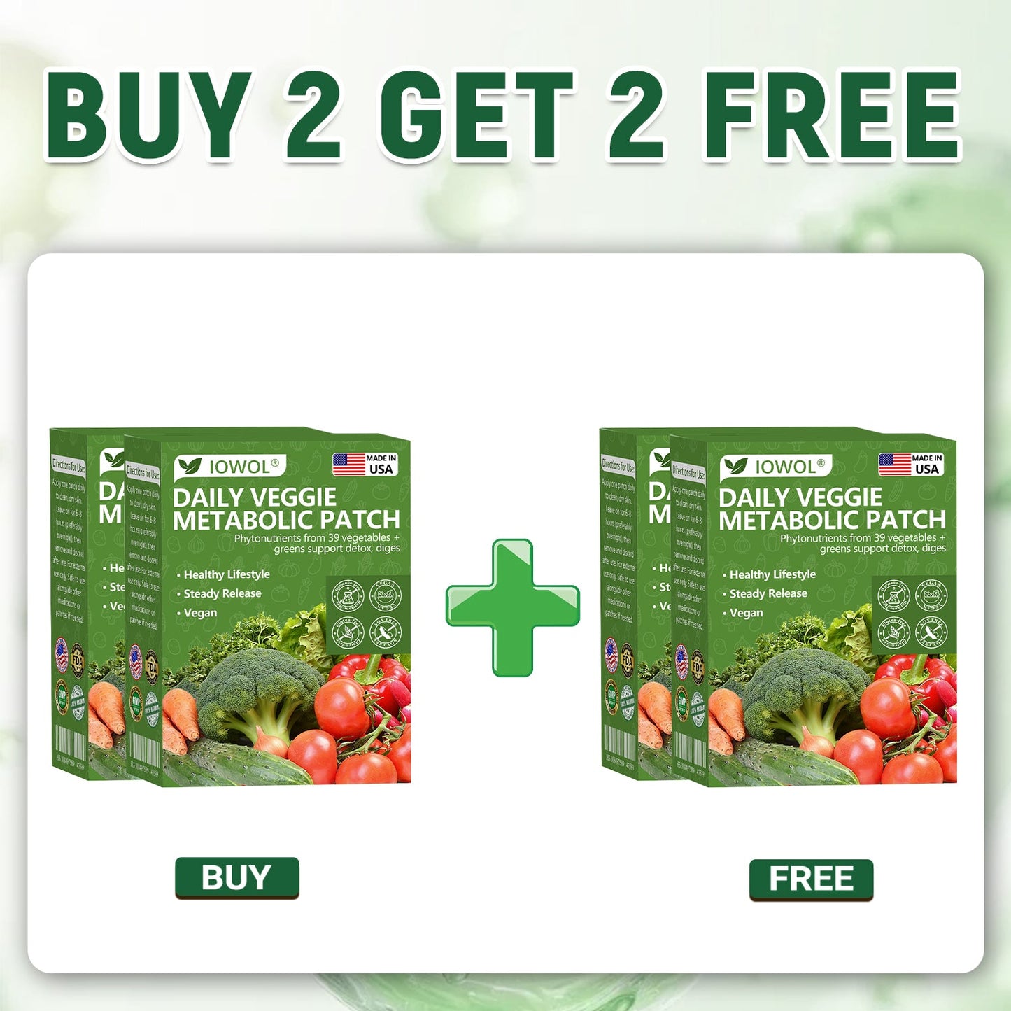 🥦 Tienda Oficial | El parche metabólico diario de vegetales IOWOL® utiliza extractos orgánicos de 39 verduras y vegetales verdes para apoyar la desintoxicación, la digestión y la energía diaria.